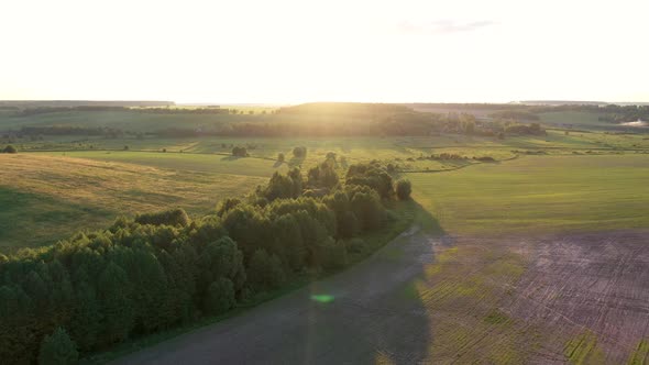 Aerial Over Edge Of Forest By Green Hills And Mouth Of River Against Sunset