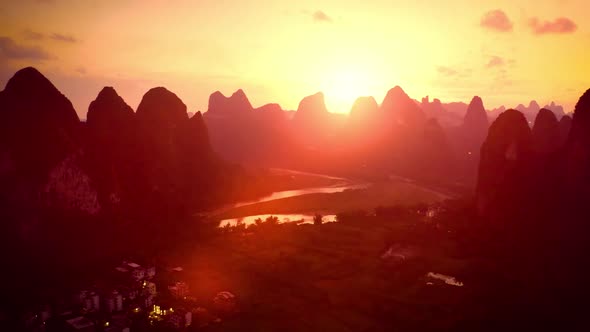 Aerial of the amazing rock formations along the Li River in China