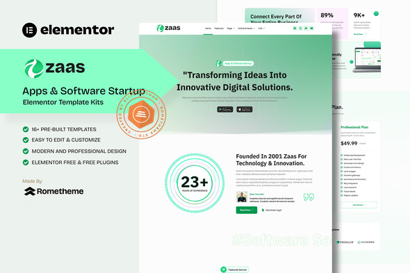 Zaas – Apps & Software Startup Elementor Template Kit – 0 Sold!