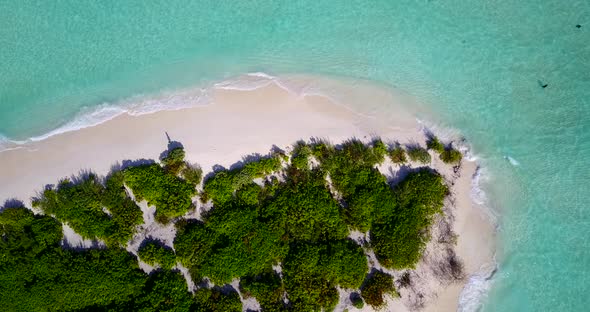 Tropical aerial tourism shot of a white sand paradise beach and blue water background in hi res 4K