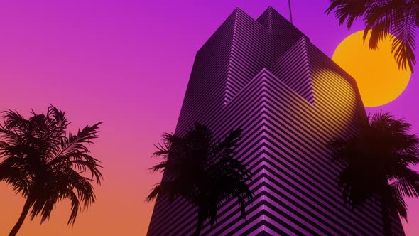 Skyscraper at Sunset with Tropical Palms