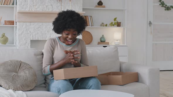 Excited Mixed Race Young Woman Customer Opening Parcel Box at Home