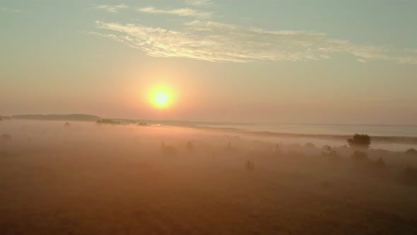 Aerial Drone View, Beautiful Misty Dawn in the Spring on the Lake