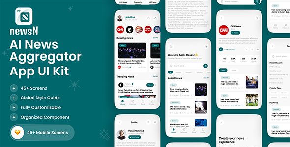 NewsN – AI News Aggregator Mobile App UI Kit – 0 Sold!