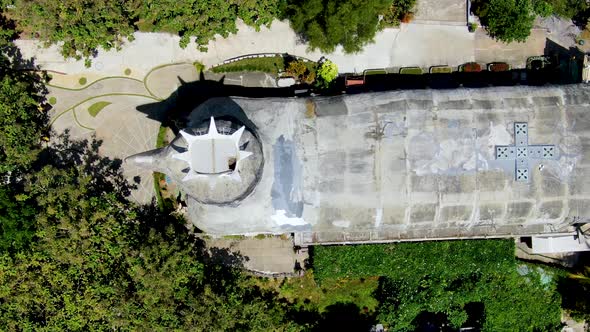 Church building made like chicken in Indonesia, aerial top down view