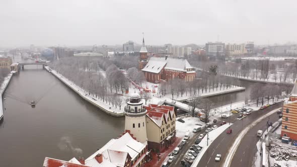 Aerial view of the Cathedral in Kaliningrad in the wintertime