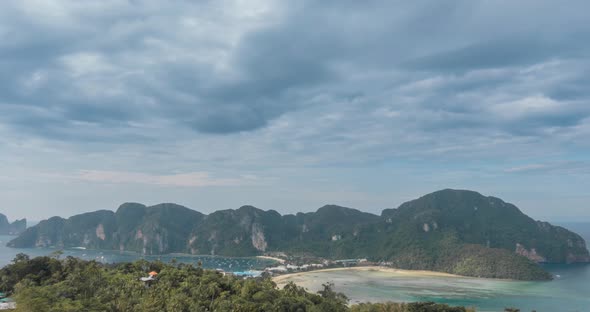 Time Lapse of Day Clouds Over the Wonderful Bay of Phi Phi Island Landscape with Boats