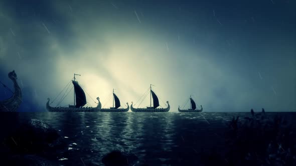 Fleet of Viking Ship Getting Close to Shore