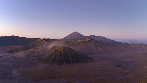 Time lapse of aerial view of Mount Bromo at sunrise. An active volcano in east Java, Indonesia.