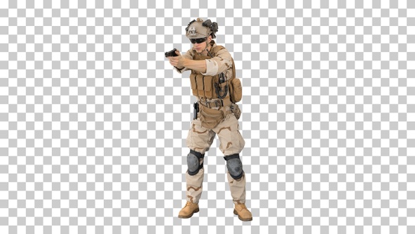 Army man pointing gun in multiple directions, Alpha Channel