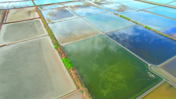 Aerial view flying over a beautiful colorful natural sea salt pond