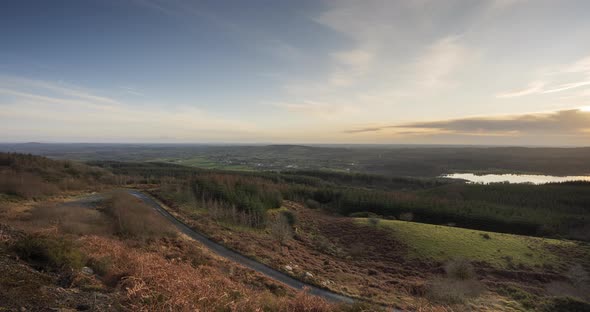 Panorama motion time lapse of a remote rural landscape in Ireland during day to night transition.