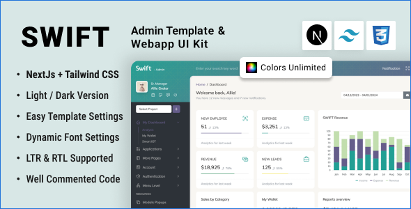 Swift Next.js + Tailwind CSS Admin Dashboard Template – 0 Sold!