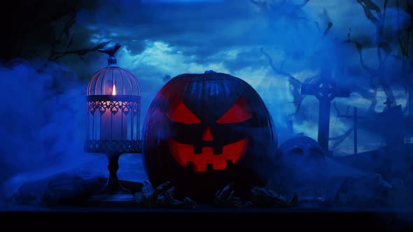 Scary laughing pumpkin and an old skull over the frightening gothic background.