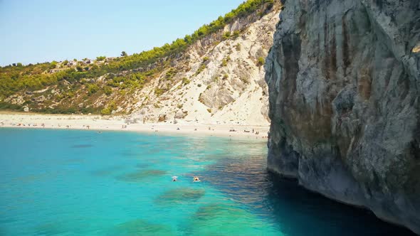 Aerial drone view of the Ionian Sea coast of Zakynthos, Greece. Rocky cliff, vegetation