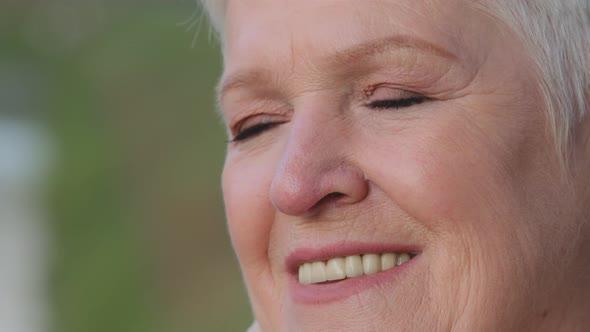 Closeup Beautiful 65s Woman Looking Aside Having Wide Smile White Straight Teeth