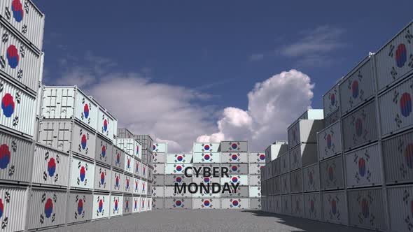 Containers with CYBER MONDAY Text and Flags of South Korea