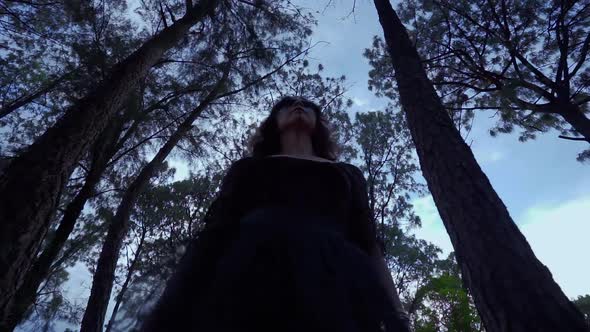 Witch in black dress in dark forest