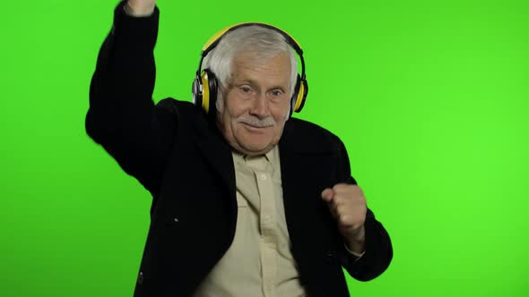 Elderly Caucasian Grandfather Man Dance, Celebrate, Listen Music. Chroma Key