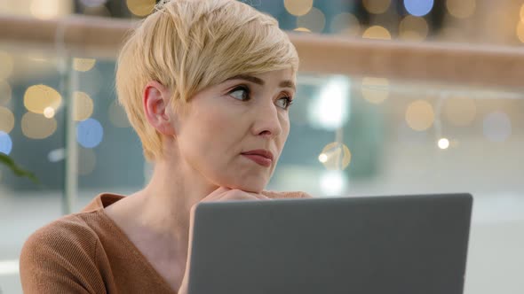 Headshot Portrait Thoughtful Pensive Female Face Doubtful Middleaged Adult Woman Looking Away