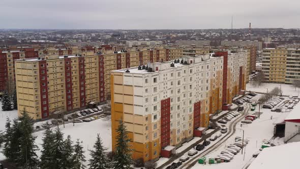 Drone shot on old soviet architecture 9 floor houses in Kivilinn