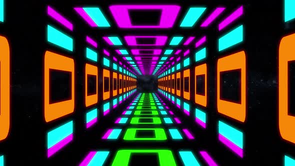 abstract colorful retro tunnel. Retro game style infinite tunnel seamless loop animation.