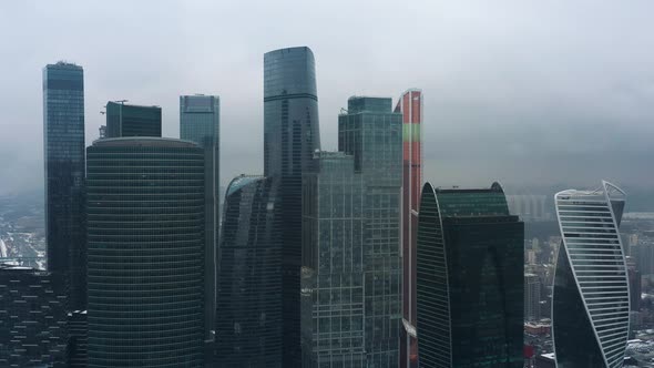 Aerial Drone Shot of Moscow City Skyscrapers at Cloudy Winter Day