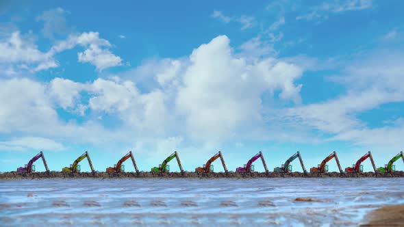 Excavators Move and Dig Together Against the Background of the Sky in Timelapse