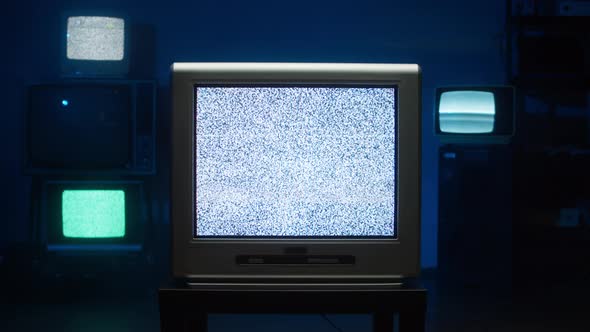 Retro Old Televisions on Blue Neon Background