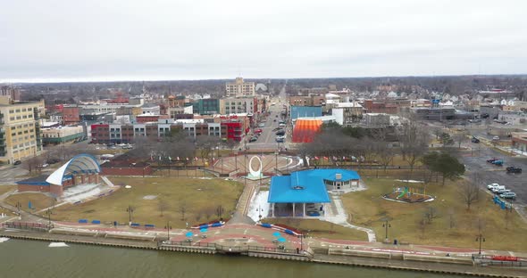 Bay City Michigan skyline drone videoing sideways.