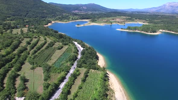 Flying above beautiful landscape of artificial lake of Peruca, Croatia