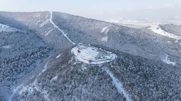 Aerial View Historical City Castle Winter