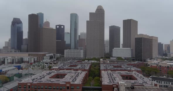 Aerial view of Houston cityscape on a rainy and gloomy day.