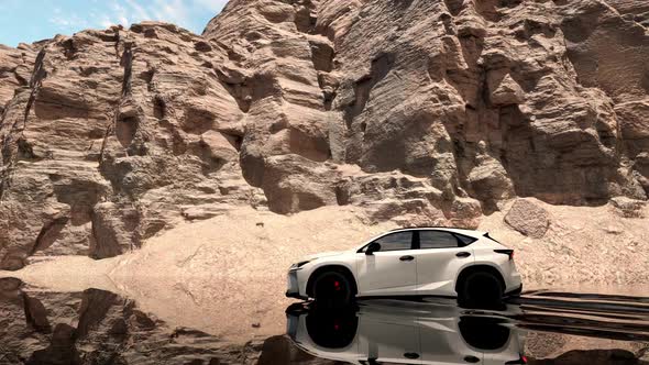 Car Water Reflection In Canyon