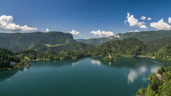 Small Island With Church Amid Mountain Lake, Beautiful Slovenia, Timelapse