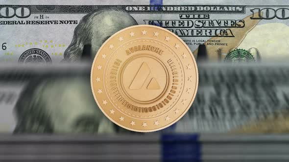 Avalanche cryptocurrency coins over Dollar banknotes loop