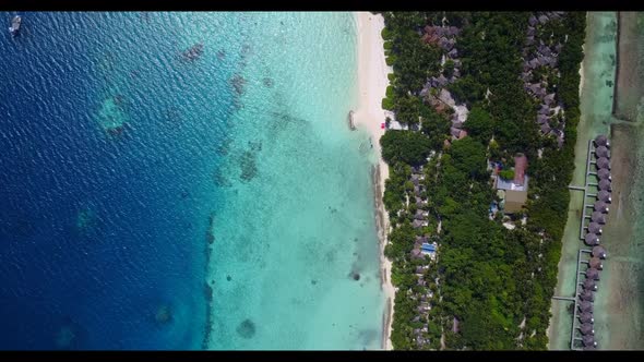 Aerial abstract of luxury lagoon beach wildlife by blue water and white sandy background of a picnic