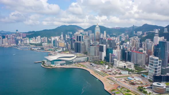 aerial view hyperlapse 4k video of Victoria Harbour in Hong Kong.