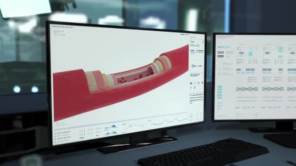 Medical diagnostic software is examining the health of the patients blood alt