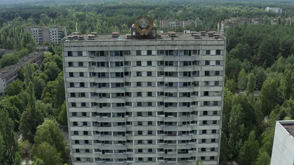 Soviet Coat of Arms on a Highrise Building Aerial View