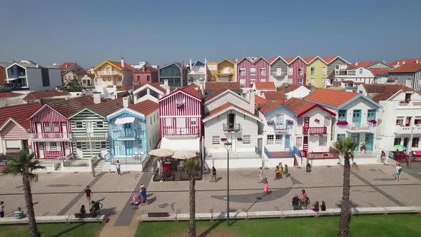 Famous colorful buildings in the city of Costa Nova in Aveiro, Portugal.