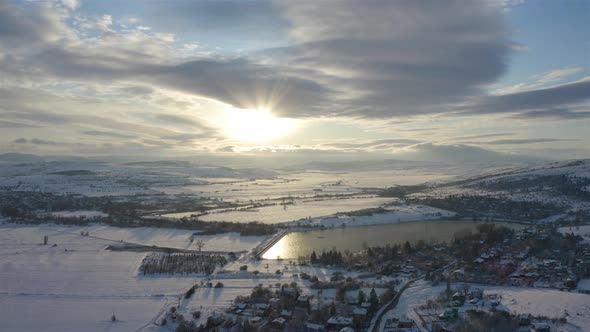 Beautiful Snowy Sunset, Flying Forward, 4K Aerial Drone Footage