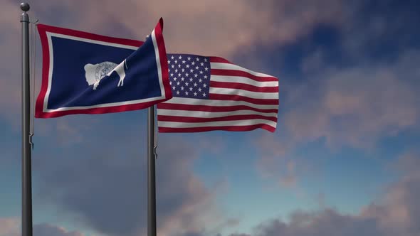 Wyoming State Flag Waving Along With The National Flag Of The USA - 2K