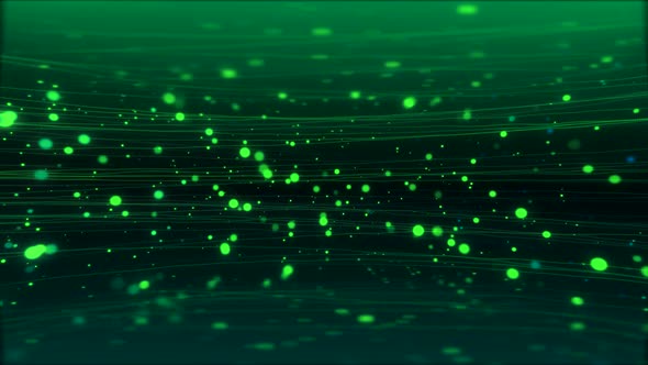 Magic green glowing particles flow in liquid