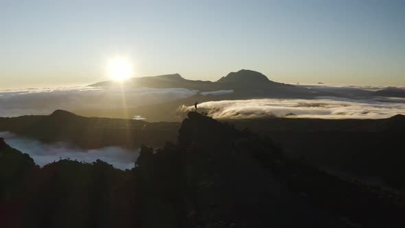 Aerial view of a person standing on the mountain, Reunion.