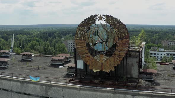 Soviet Coat of Arms on a Highrise Building Aerial View