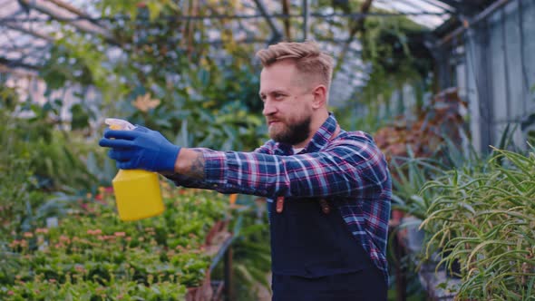 In a Large Greenhouse Gardener Guy Have a Fun Time