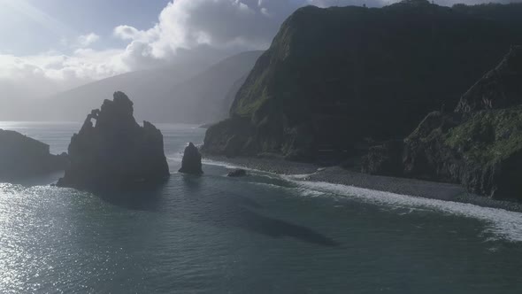 Aerial drone view of Janela Islets in Porto Moniz in Madeira