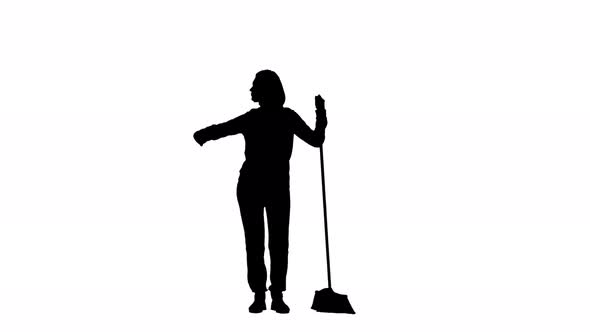 Girl with a Mop in Her Hands Is Standing and Looking Around the Side. Silhouette White Background