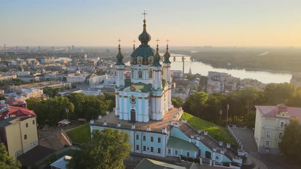 Aerial View of St. Andrew's Church in the Morning. Kyiv, Ukraine